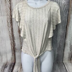 Meraki Grey and Off-White Ruffled Sleeve Tie-Front Blouse Size Large